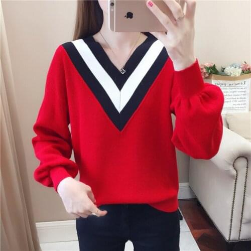 Spring Autumn V-Neck Color Matching Pullover Sweater Women 2021 New Korean Fashion Loose Casual Long Sleeve Knitting Tops Female
