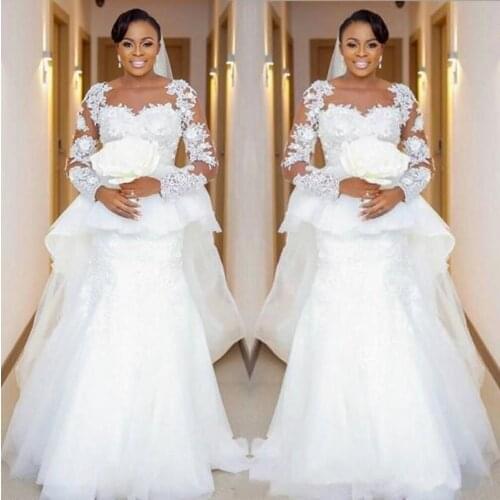 Mermaid Wedding Dress Overskirt Beading Flower Appliques Lace Illusion Long Sleeve Dubai Bridal Gowns Customize Plus Size