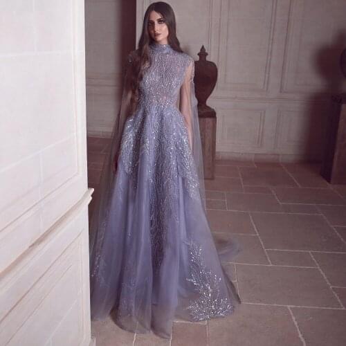 Evening Dress Capped Sleeve Vestido De Festa Saudi Arabic Elegant Evening Dresses Sequin Applique Transparent robe de soiree