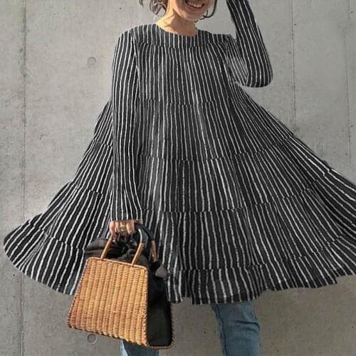 VONDA 2021 Women Mini Dress Casual Ladies Party Loose Dresses Autumn Vintage Striped Sundress Pleated Vestidos Plus Size Robe