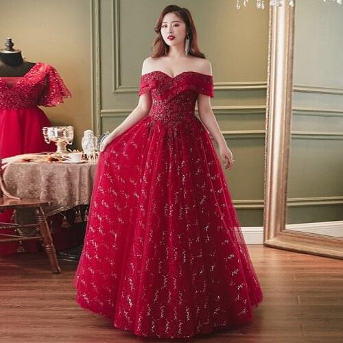 Appliques Elegant Evening Dress Empire Off The Shoulder Floor-Length Sequins A-Line Lace Up Plus Size Women Formal Gowns D884
