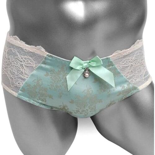 Sissy Satin Brief Panties With Bowknot Lace Patchwork Brand High Quality Sexy Men Underwear Lingerie