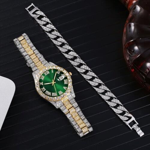 Luxury Full Iced Out Watch for Men Bracelet Big Gold Cuban Chain Watch Hip Hop Watch Men Miami Rhinestone CZ Bling Jewelry Set