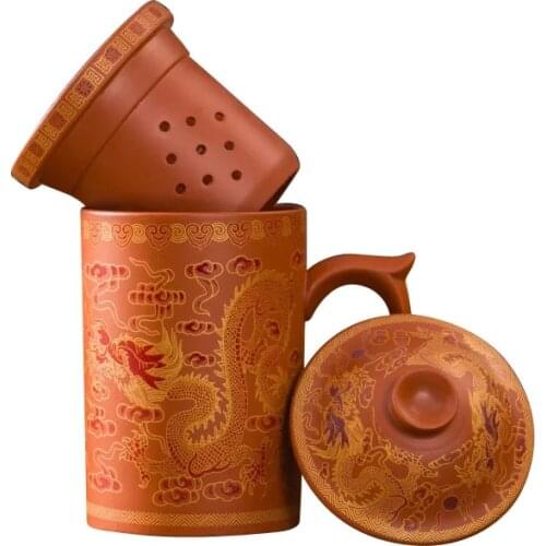 Retro Yixing Dragon Phenix Purple Clay Tea Mug with Lid and Infuser Handmade Ceramic Teacup Office Water Cup Gift Home Drinkware
