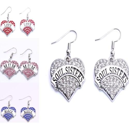 Hot Selling fashion rhodium plated earring with sparkling crystals LOVE/MUM/NIECE/ SOUL SISTERS heart pendant