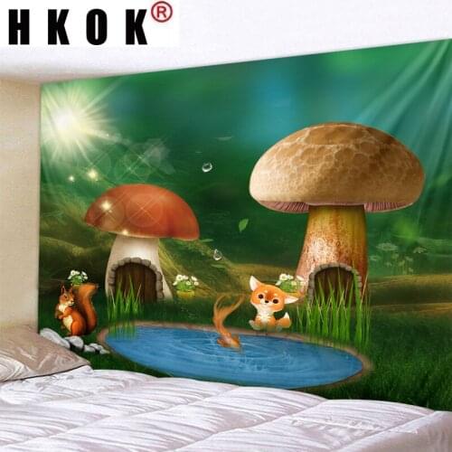 HKOK Mushroom Fox Tapestry Wall Hanging Wall Covering Rugs Mural Background Cloth Beach Towel Fabric Yoga Blanket Home Decor