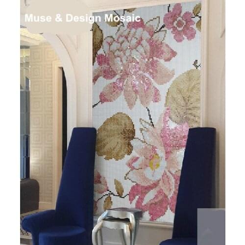 Customized Romantic Lovely Flower Art Puzzle Iridescent Pink White Glass Mosaic tile for Living Dinner room Showroom wall decor