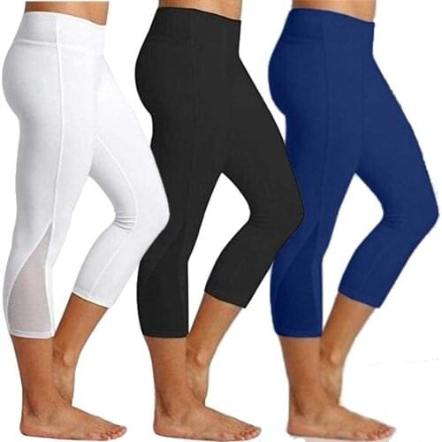 JGS1996 3/4 women Calf-length Yoga Leggings High Waist Capris Tummy Control Workout Non See-Through Gym Sport Pants Black Mesh