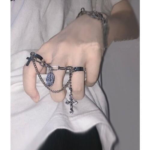 2021 New Fashion Metal Vintage Punk Hip Hop Style Cross Siamese Adjustable Open Ring Party Men And Women Jewelry Gift