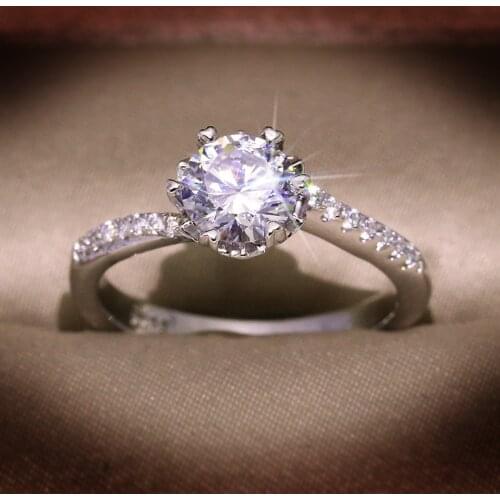 High quality white zircon ring 6 claw white gold wedding party ring for Lady jewelry gift Trendy crown ring anniversary