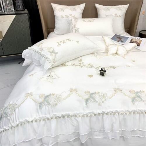 Flower Butterfly Embroidery Princess Bedding Set Satin Silk Cotton Chiffon Lace Duvet Cover Quilt Cover Bed Linen Pillowcases