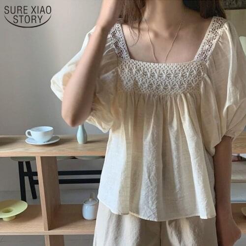 Korea Hollow Crochet Bubble Sleeve Womens Shirt Summer Shirt Square Collar Vintage Splicing Womens Tops and Blouse 14321