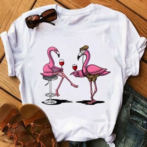 2021 Hot Sale Flamingo Cheers Print T-Shirt Women Harajuku Kawaii Clothes Funny Tee Shirt Femme Summer T Shirt Female