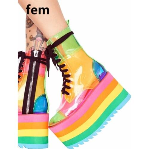 Fashion Western Boots For Wome Summer Cool Chunky Motorcycle Boots For Women High Heels Colorful Platform Boots Rainbow Botas
