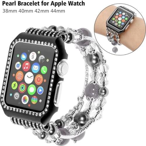 Fashion Handmade Elastic Bands with Frame for Apple Watch Wrist Band Agate Pearl Bracelet Strap for iWatch Bands Series 5/4/3/2