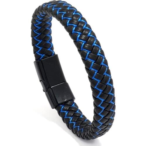 Fashion Casual Men Black Leather Bracelet Cuff Magnetic Buckle Vintage Retro Braided Simple Charm Bangle Wristbands Punk Jewelry