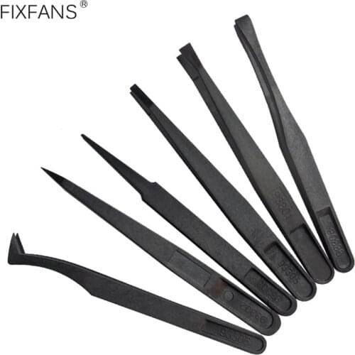 FIXFANS 6Pcs Black Precision Plastic Tweezers Kit Anti static Tweezers Set Pickup Clamp for Craft Electronics DIY Repair Tool