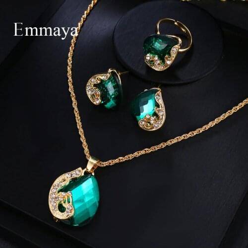 Emmaya Brand Fashion Luxury AAA Cubic Zircon Crystal Earrings Necklace Ring Set For Women Popular Wedding Jewelry Set Gift