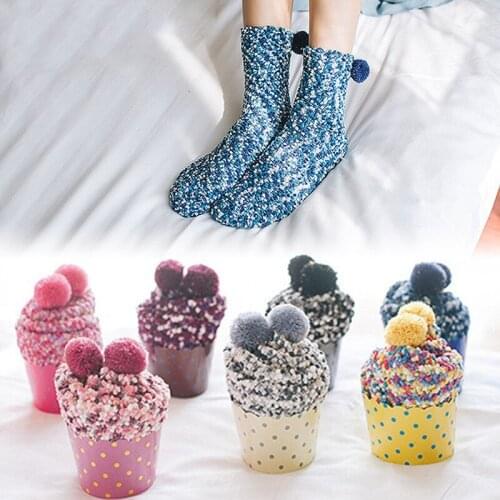 Autumn and Winter Coral Fleece Warm Floor Socks Candy Color Cake Socks Female Thicken Womens Socks Kawaii Casual