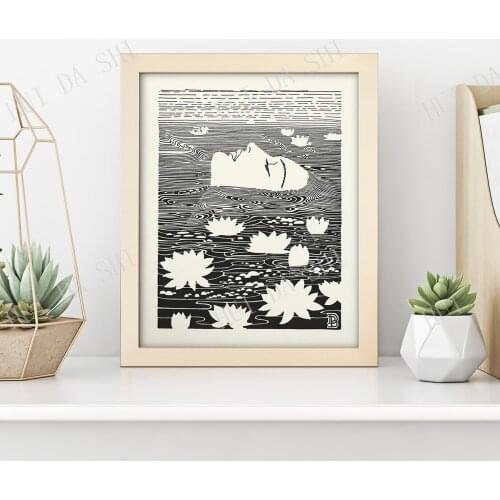 Lily Pond Print • Vintage Woman Floating in Water Garden • Black and White • Art Nouveau • Art Deco Poster • Bathroom Art