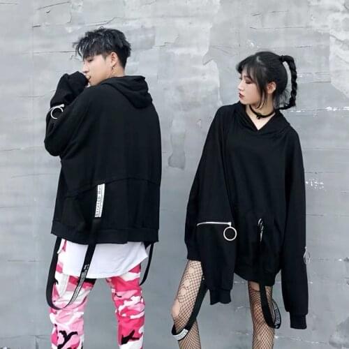 QWEEK Korean Fashion Hoodie Oversized Streetwear Women Hip Hop Couple Long Sleeve Black Hoodies 2021 Pullovers Tops Loose