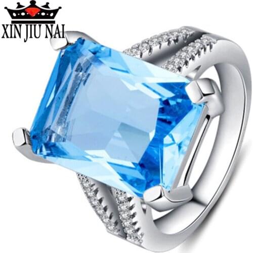 Retro Square Blue Stone Jewelry Luxury Large Zircon Womens Ring Fashion Female Models Carrying Accessories