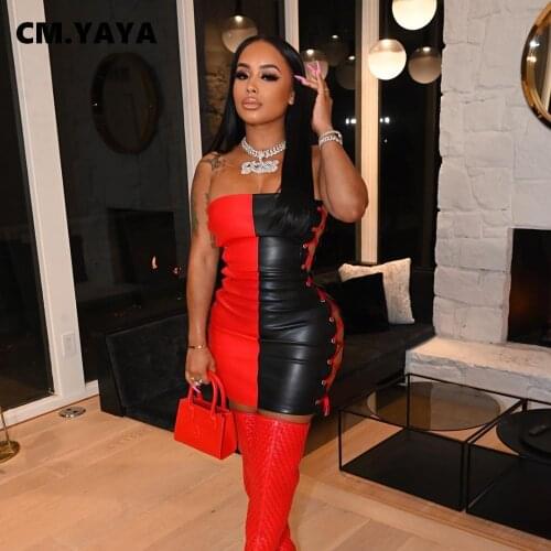 CM.YAYA PU Dress Women Patchwork Criss-cross Bandage Sleeveless Strapless Faux Leather Sheath Elastic Sexy Mini Dresses Summer