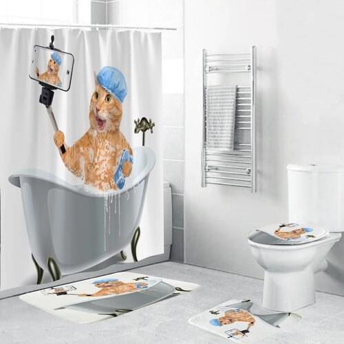 Funny Cat Shower Curtain 4 Piece Bathroom Set Carpet Cover Toilet Cover Bath Mat Pad Waterproof Durable Fabric For Home Decor