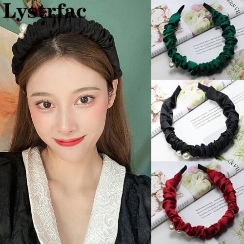 Lystrfac New Pearl Fold Ruched Hairband for Women Pleated Headband Solid Matching Bezel Hair Accessories Headpieces