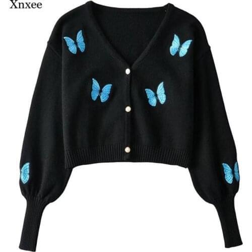 Y2K Embroidery Butterfly Cardigan Vintage Knitting Single-Breasted Button Crop Sweater Jumper Women Lantern Sleeve Knitted Top