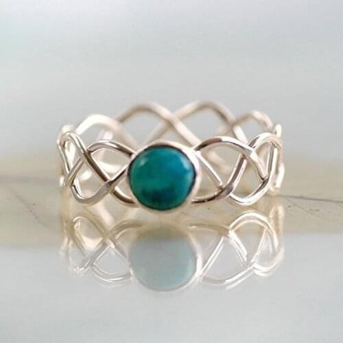 Bamos Vintage Green Stone Ring Simple Silver Color Cross Wave Ring Unique Natural For Women Bohemian turquoise Jewelry
