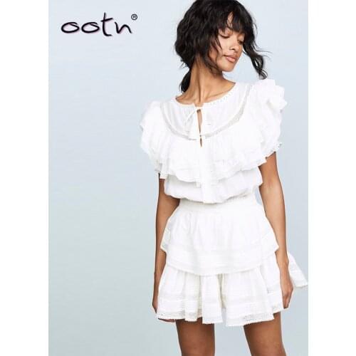 2019 Autumn O Neck Ruffled Short Dress Hollow Out Lace Up Ladies Dress Elegant Vestido Slim Pleated A-Lin Dress Button Women