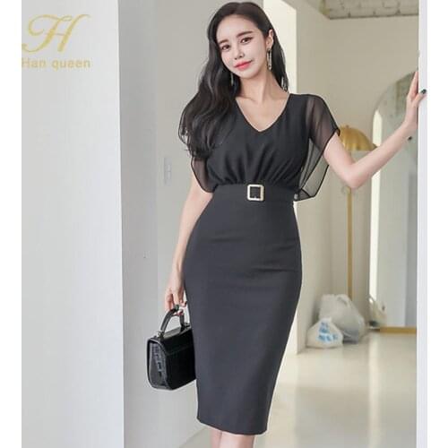 H Han Queen Womens Spring New OL Work Dress Knee-length High Waist Simple Slim Bodycon Dresses Korean occupation Pencil Dresses