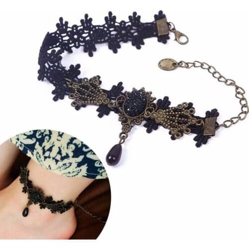 1Pc Vintage Foot Jewelry Women Gothic Black Floral Flower Lace Anklet Chain Ankle Bracelets Barefoot Sandal Wedding Lace Anklets