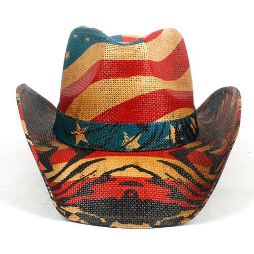 2020 Shapable Toyo Straw Cowboy Hat Women Men Trim Band Western Cowgirl, USA American Flag ,Natural, Windproof Rope Sun Hat