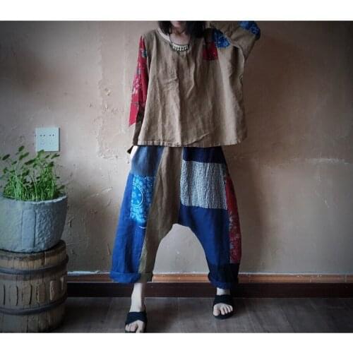 2020 washed pure linen hand patched personalized hanging crotch pants 1683