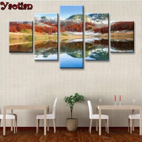 5 Panel Mountain lake water tree natural scenery Diamond Painting Full Square Round Drill Diamond Mosaic Diamant Art And Crafts