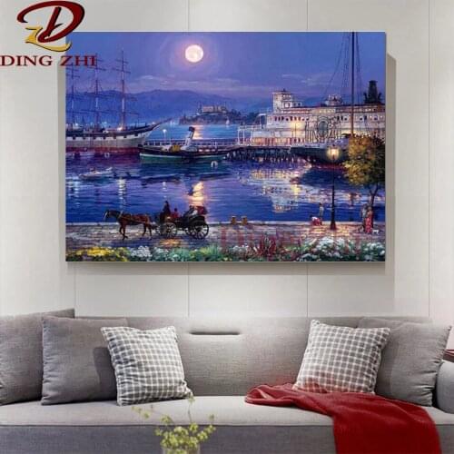 5D Diamond Painting Marina Cruise ship Moonlight Street Carriage DIY Cross Stitch Full Square Round Drill Embroidery Mosaic Gift