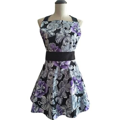 Bodecin Purple Lilies Black Retro Kitchen Apron Woman Cotton Cooking Avental de Cozinha Pinafore Apron Dress Vintage