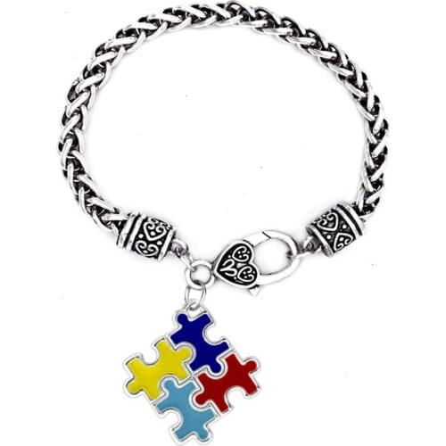 Eco friendly Metal Alloy Raise Awareness Enamel Finished Autism Puzzle Pieces Bracelets