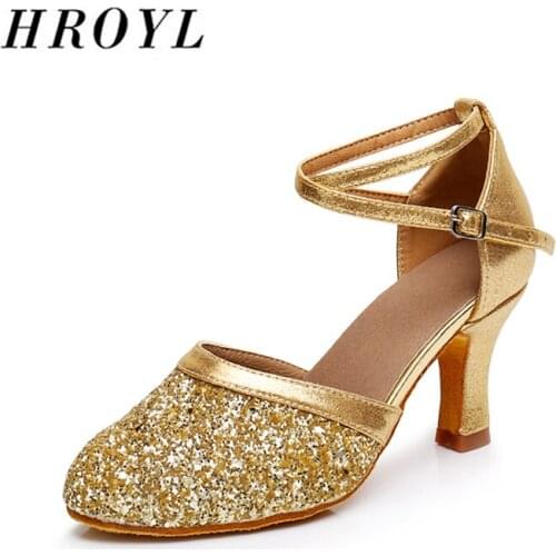 HROYL 2020 Sequins+PU modern dance shoes for womem/ladies pole tango ballroom dance shoes suede sole high heels 5cm/7cm soft