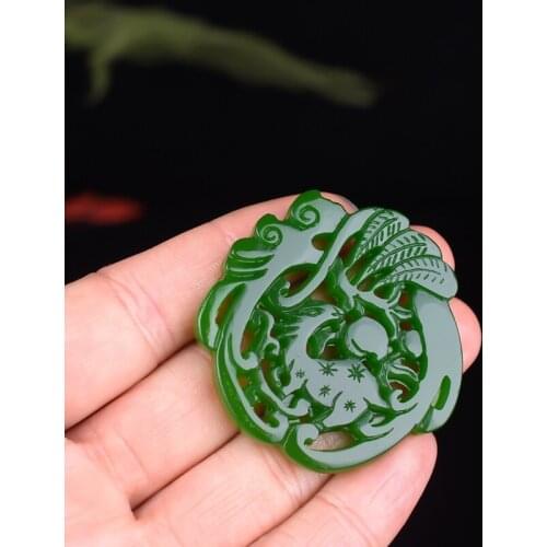 Chinese Green Jade Double Side Hollowed Out Sika Deer Pendant Necklace Jewellery Fashion Hand-Carved Jesus Lucky Amulet Gifts