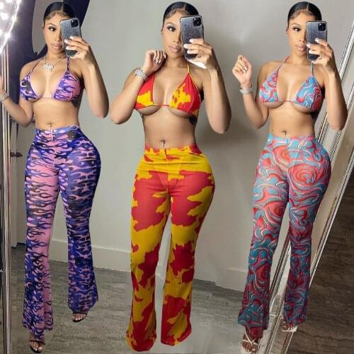 Summer Print Sheer Mesh Beach Wear 3 Piece Set Sexy See Through Halter Bra Crop Top Pants Slim Swimsuit Club wear Outfits Suits