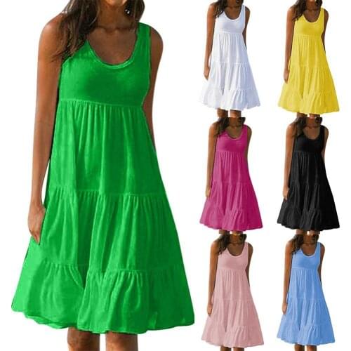 Hot Sales!!!Plus Size Casual Women Summer Beach Solid Color Sleeveless Loose Midi Dress