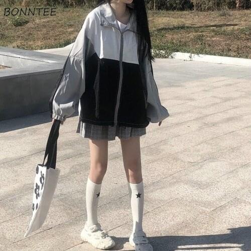 Basic Jackets Women S-3XL Office-lady Harajuku Zipper Simple Teens Long-sleeve Streetwear Loose Patchwork Female College Retro