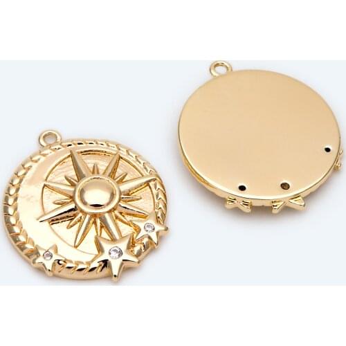 10pcs Gold Sun and Star Charms 22x18.5mm, 18K Gold Plated Brass, CZ Paved Sun Disc Pendants (GB-2178)