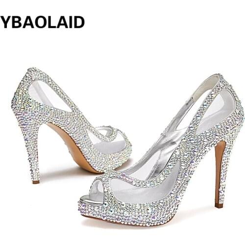 Waterproof Rhinestone Handmade Diamond-studded Super High Heel Sandals Wedding Shoes Summer Net Yarn Fish Mouth Stilettos