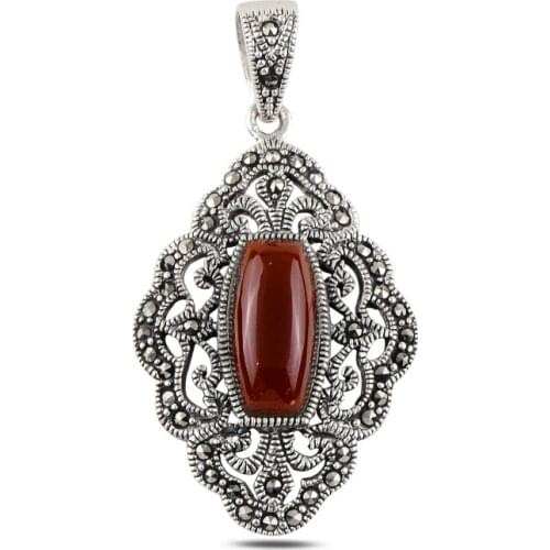 Silver 925 Sterling Red Agate & Marcasite Pendant