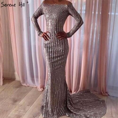 Grey Luxury Long Sleeves Fashion Evening Dresses New Mermaid Sequined Beading Formal Evening Gowns 2020 Serene Hill LA6354