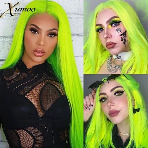 Xumoo Synthetic Neon Green Silky Straight Wigs Bright Yellow Green Lace Front Wigs Heat Resistant Fiber Cosplay Party For Women